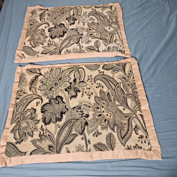 Floral Embroidered Crewel Decor Pillow Cover Sham Beige Gray Black Zip Set 20x26 - Picture 1 of 11